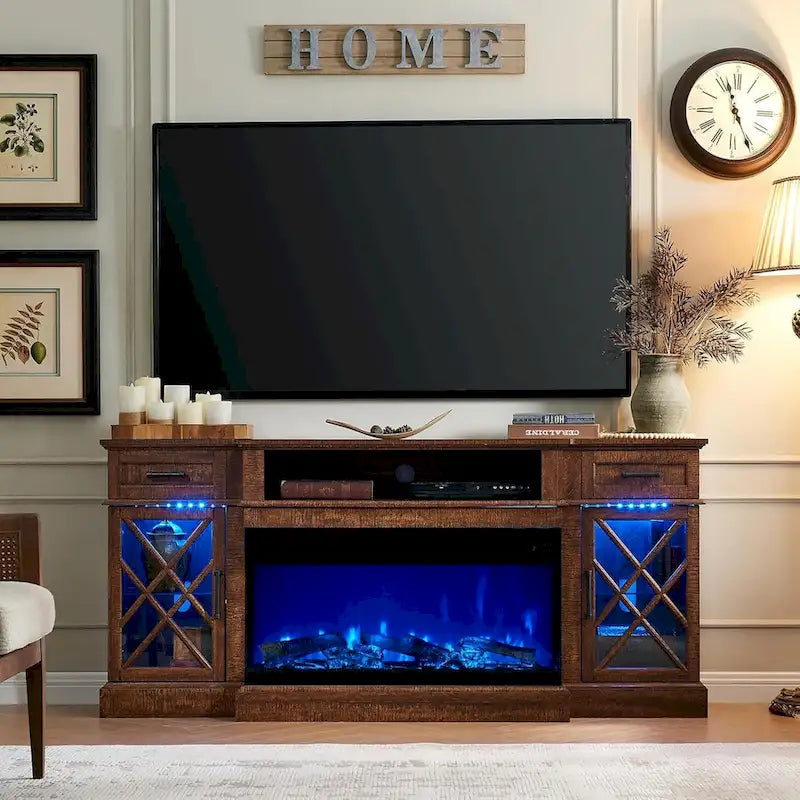 Meuble TV avec cheminée pour téléviseur de 80 pouces, meuble de divertissement, console multimédia