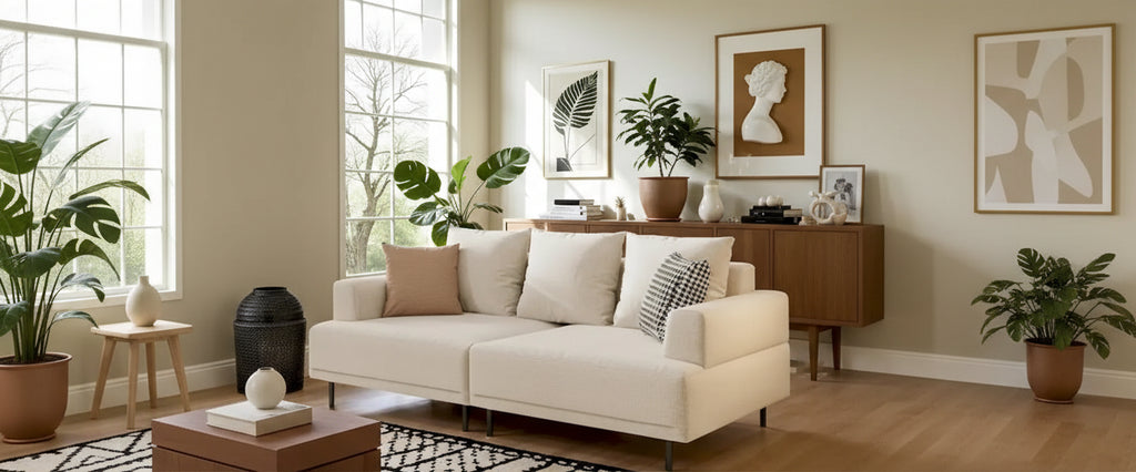 Canapé moderne à assise profonde avec oreillers, pieds hauts, canapé confortable pour salon, canapé d'appartement