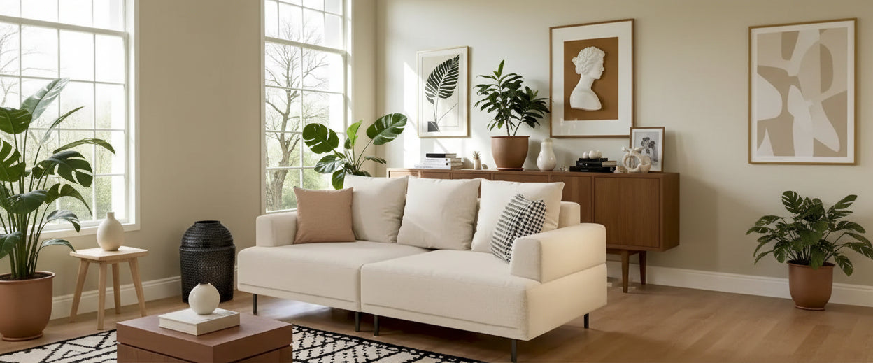 Canapé moderne à assise profonde avec oreillers, pieds hauts, canapé confortable pour salon, canapé d'appartement