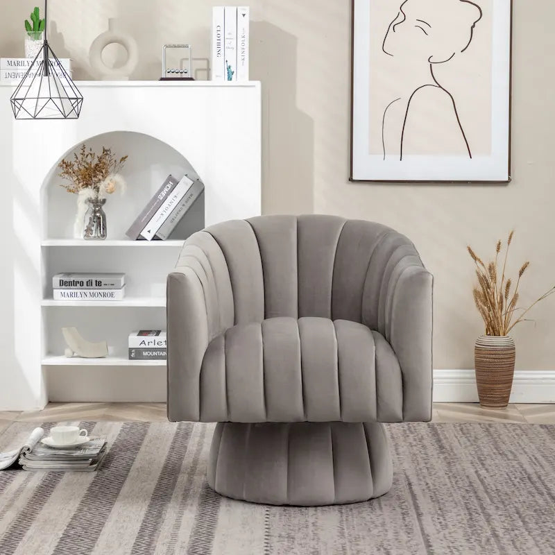 Fauteuil pivotant rond et cylindrique moderne en velours, avec accoudoirs, pour salon