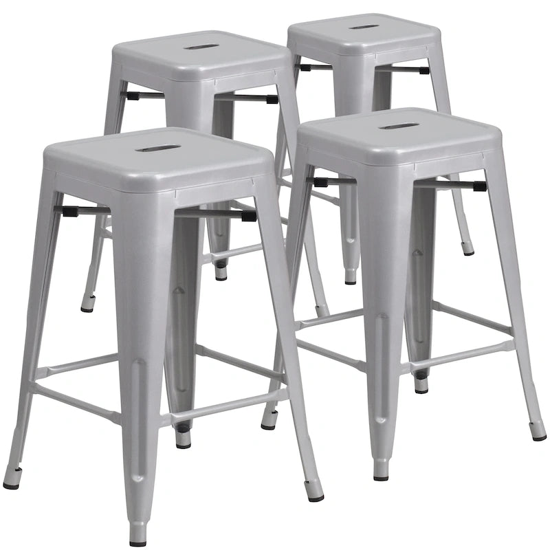 Tabouret de comptoir intérieur-extérieur en métal sans dossier à hauteur de 24 po avec siège carré (paquet de 4)