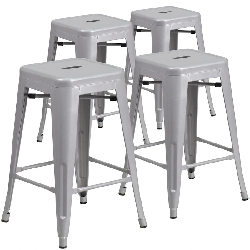 Tabouret de comptoir intérieur-extérieur en métal sans dossier à hauteur de 24 po avec siège carré (paquet de 4)