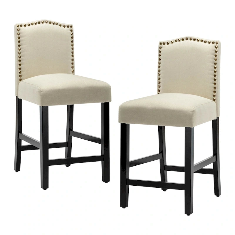 Lot de 2 tabourets de bar à hauteur de comptoir, rembourrés en tissu, avec dossier et clous décoratifs, de 61 cm