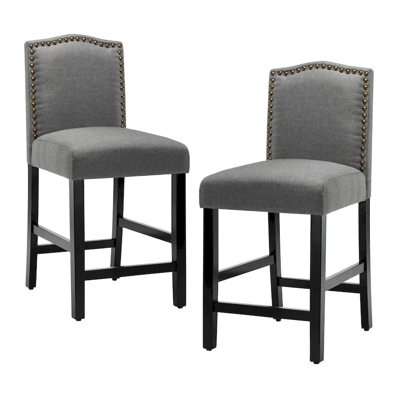 Lot de 2 tabourets de bar à hauteur de comptoir, rembourrés en tissu, avec dossier et clous décoratifs, de 61 cm