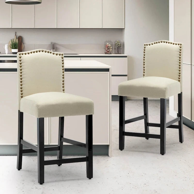Lot de 2 tabourets de bar à hauteur de comptoir, rembourrés en tissu, avec dossier et clous décoratifs, de 61 cm