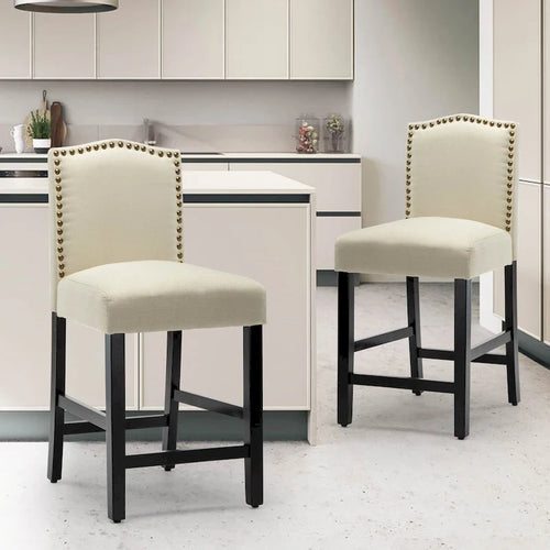 Lot de 2 tabourets de bar à hauteur de comptoir, rembourrés en tissu, avec dossier et clous décoratifs, de 61 cm
