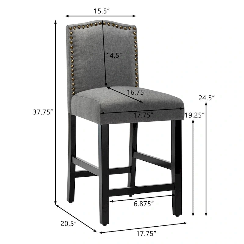 Lot de 2 tabourets de bar à hauteur de comptoir, rembourrés en tissu, avec dossier et clous décoratifs, de 61 cm