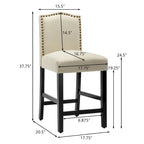 Lot de 2 tabourets de bar à hauteur de comptoir, rembourrés en tissu, avec dossier et clous décoratifs, de 61 cm