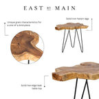 Table en bois de teck massif avec bords naturels et pieds en fer
