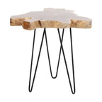 Table en bois de teck massif avec bords naturels et pieds en fer