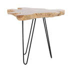 Table en bois de teck massif avec bords naturels et pieds en fer