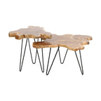 Table en bois de teck massif avec bords naturels et pieds en fer