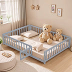 Lit plateforme pleine grandeur en bois avec clôture et porte pour enfants