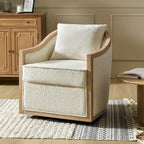 Fauteuil tonneau pivotant avec bordure en bois massif de style campagnard et coussins décoratifs
