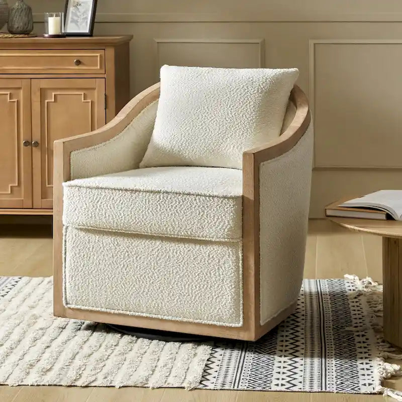  Farmhouse Solid Wood Edging Swivel Barrel Chair with Toss Pillows by 