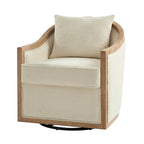 Fauteuil tonneau pivotant avec bordure en bois massif de style campagnard et coussins décoratifs