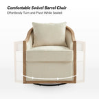 Fauteuil tonneau pivotant avec bordure en bois massif de style campagnard et coussins décoratifs