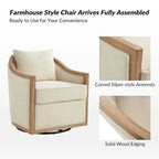 Fauteuil tonneau pivotant avec bordure en bois massif de style campagnard et coussins décoratifs
