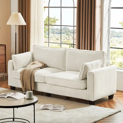  81 Modern Corduroy 3 Seater Sofa, Polyester Rectangle Upholstered Sofa with Wood Base for Living Room
